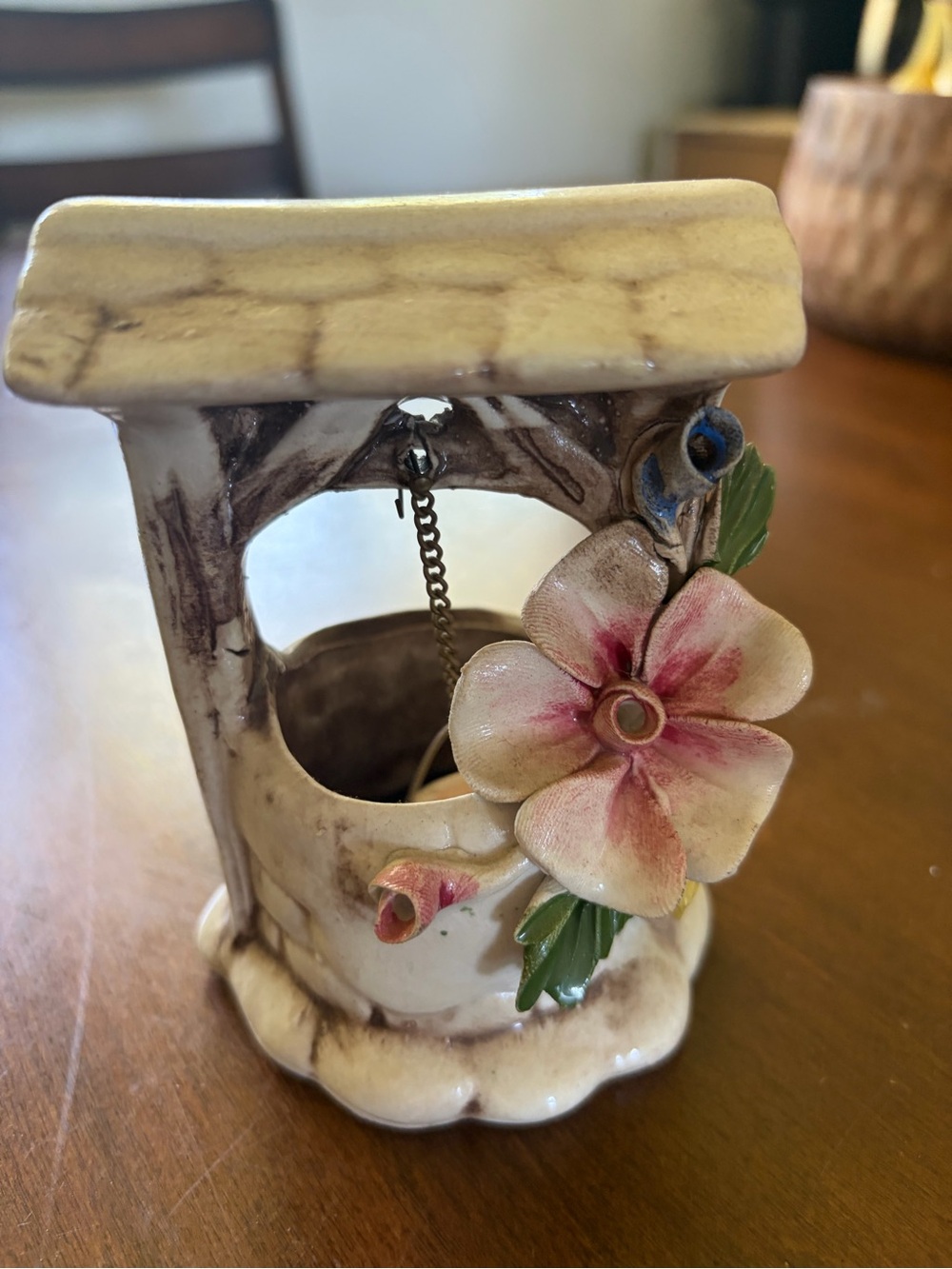 Antique Capodimonte Ceramic Floral Wishing Well Accent - Pink and Cream
